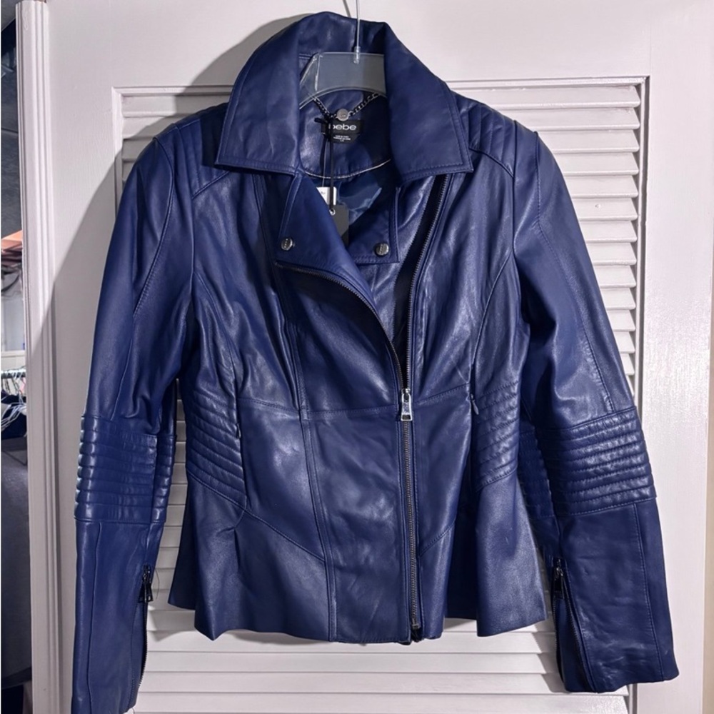 NWT Bebe navy blue genuine leather moto jacket in sz L. Great quality and style!